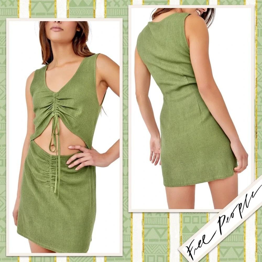 Free People Green Textured Ruched‎ Tie Front Mini Dress Womens Size Small